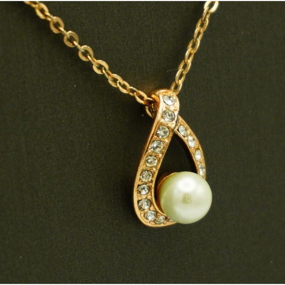 Premier Designs Forever Necklace Rose Gold Tone 16-19” W/ Faux Pearl Tear Drop - Picture 2 of 8